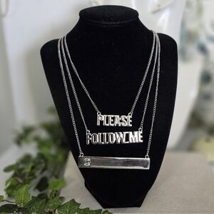 Silver 3 Tier Novelty Necklace Please Follow Me @ Address Bar